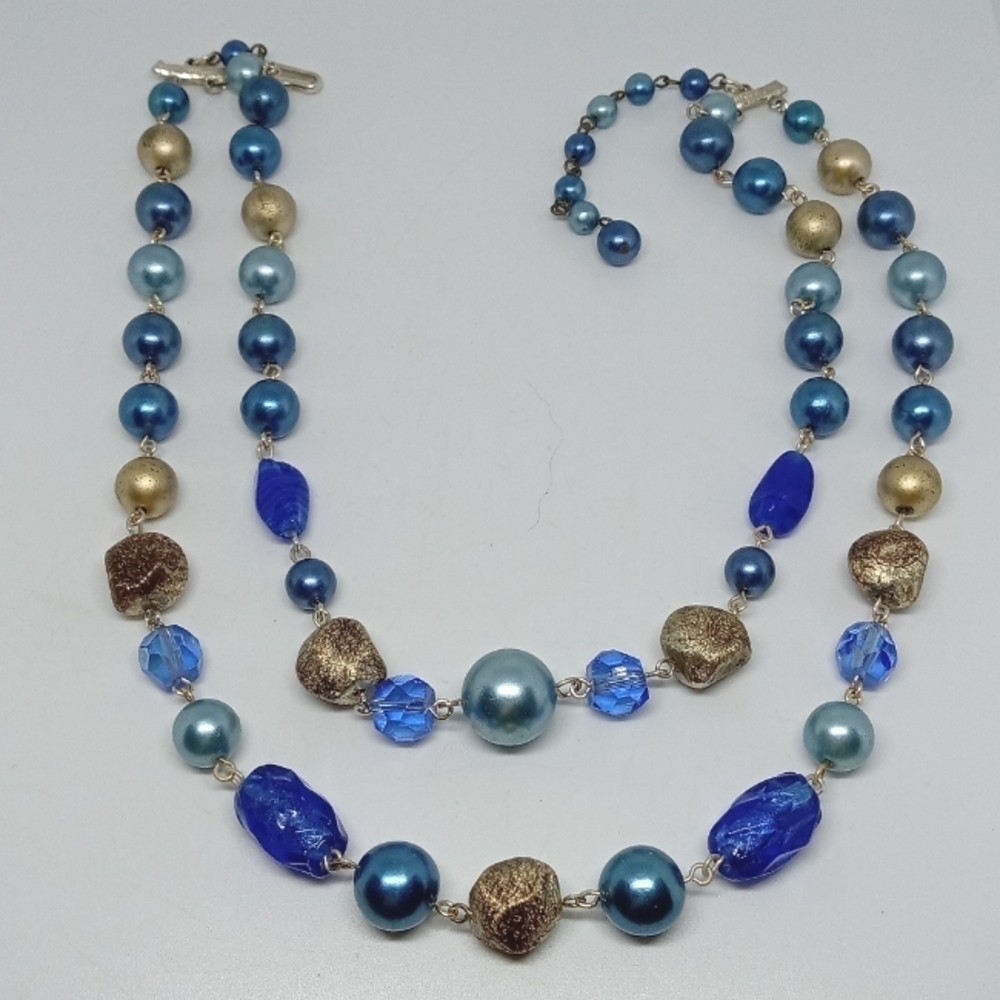 * vintage Japan 2 strand blues & gold, glass & plastic beads choker necklace